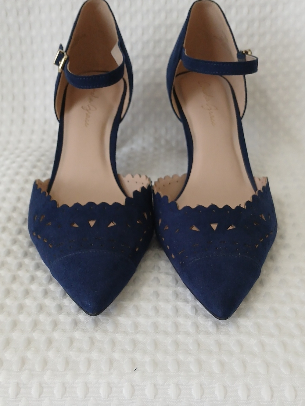 Pointed Navy Blue Scalloped Ankle-Strap Heels